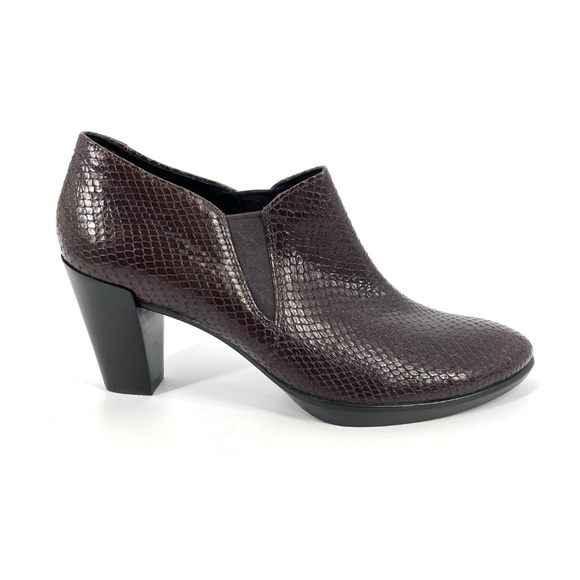 ecco Heels Brown Leather Snakeskin Embossed Stack Shootie Pump EU 41 US 10 10.5 - Picture 1 of 12